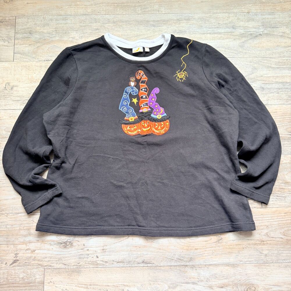 Vintage Halloween Pumpkin Witch Hat Sweatshirt XL Black Embroidered Spooky Fall